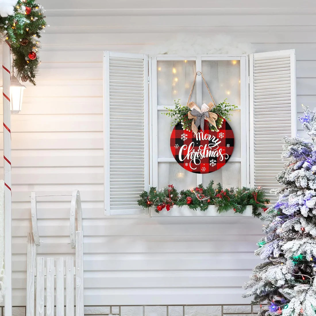 Buffalo Plaid Christmas Welcome Sign - Hanging