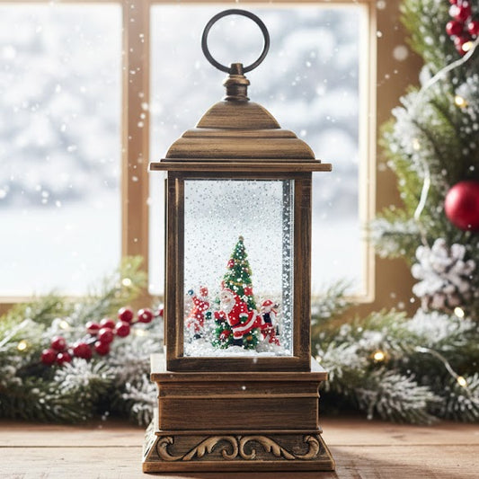 Christmas Musical Snow Globe Lantern with LED Lights, Bronze Vintage Style Decorative Showpiece - 23 cm  (Metal, Copper)